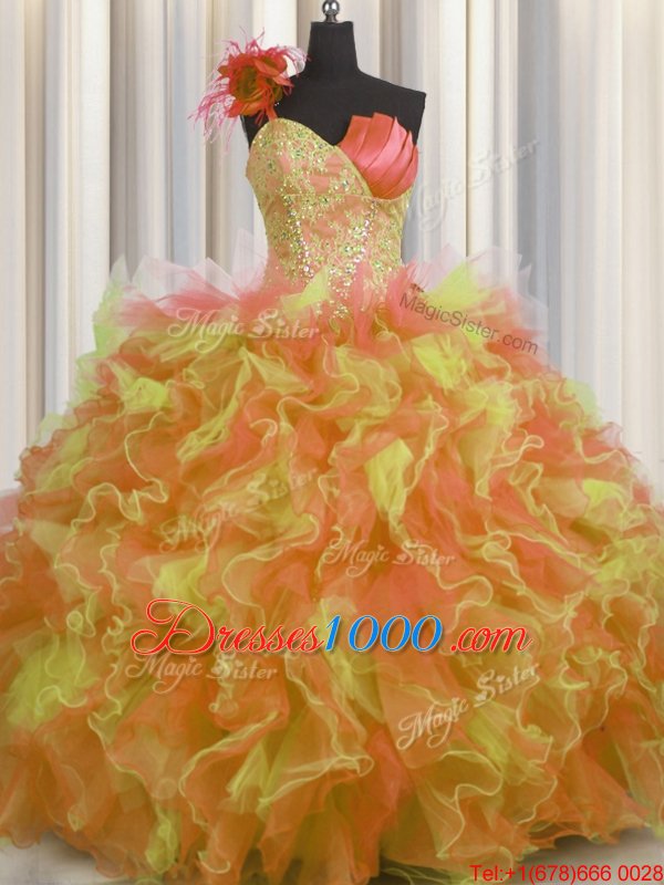 Perfect One Shoulder Handcrafted Flower Floor Length Lace Up Quince Ball Gowns Multi-color and In for Military Ball and Sweet 16 and Quinceanera with Beading and Ruffles and Hand Made Flower