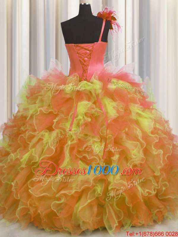 Perfect One Shoulder Handcrafted Flower Floor Length Lace Up Quince Ball Gowns Multi-color and In for Military Ball and Sweet 16 and Quinceanera with Beading and Ruffles and Hand Made Flower