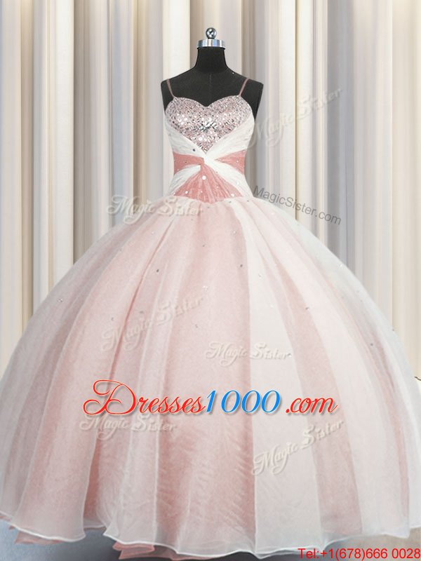Cute Pink Lace Up Spaghetti Straps Beading Quinceanera Dress Organza Sleeveless