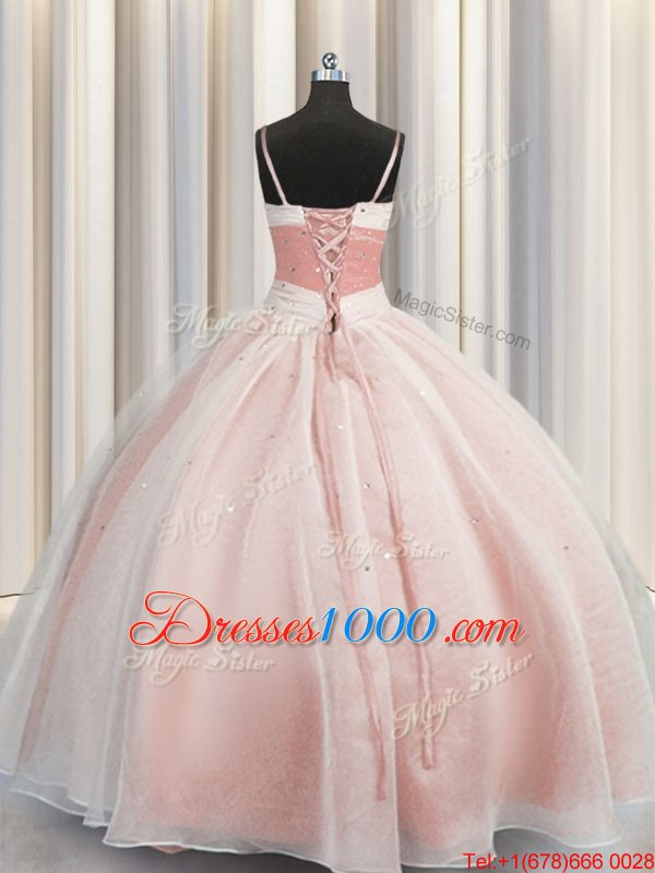 Cute Pink Lace Up Spaghetti Straps Beading Quinceanera Dress Organza Sleeveless