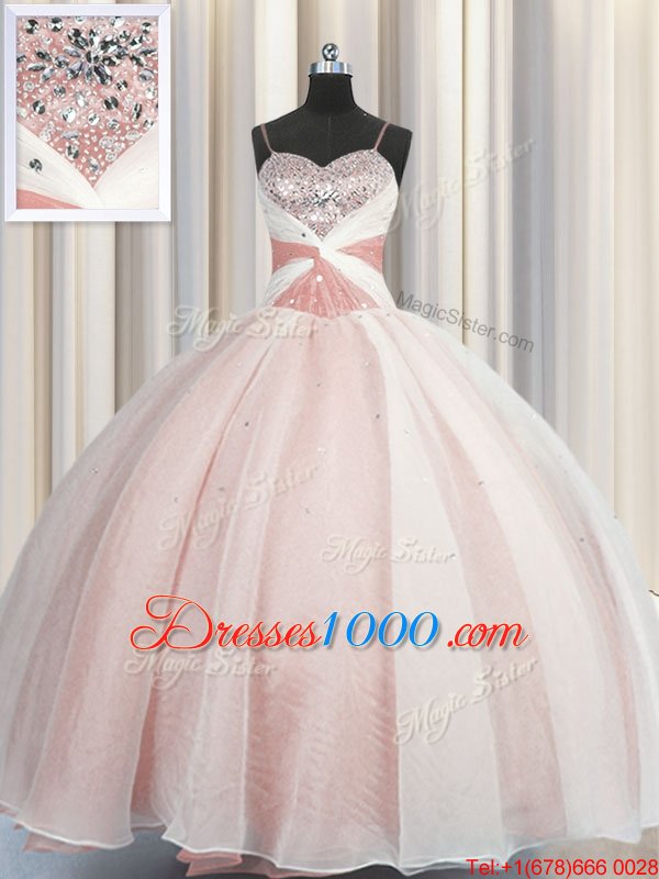 Cute Pink Lace Up Spaghetti Straps Beading Quinceanera Dress Organza Sleeveless