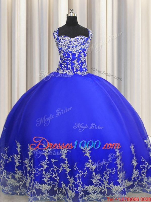 Spectacular Halter Top Royal Blue Sleeveless Floor Length Beading and Appliques Lace Up Quinceanera Gown