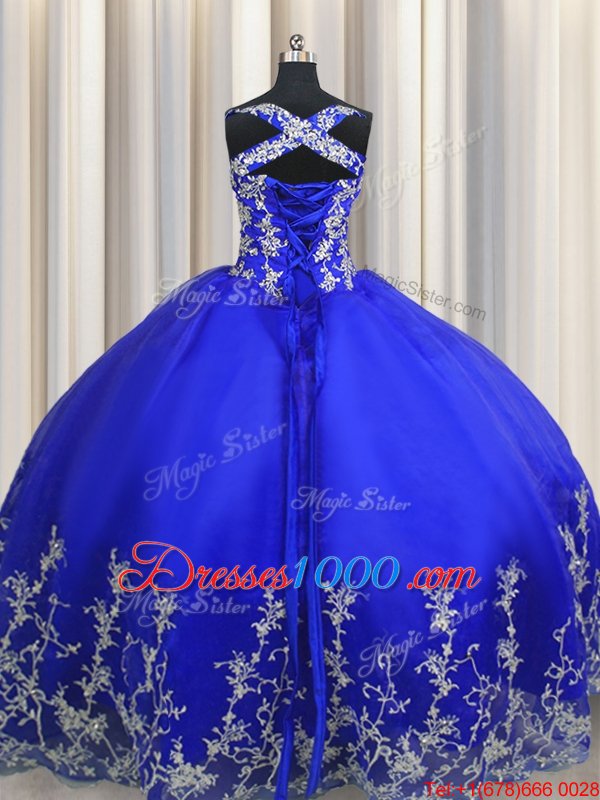 Spectacular Halter Top Royal Blue Sleeveless Floor Length Beading and Appliques Lace Up Quinceanera Gown