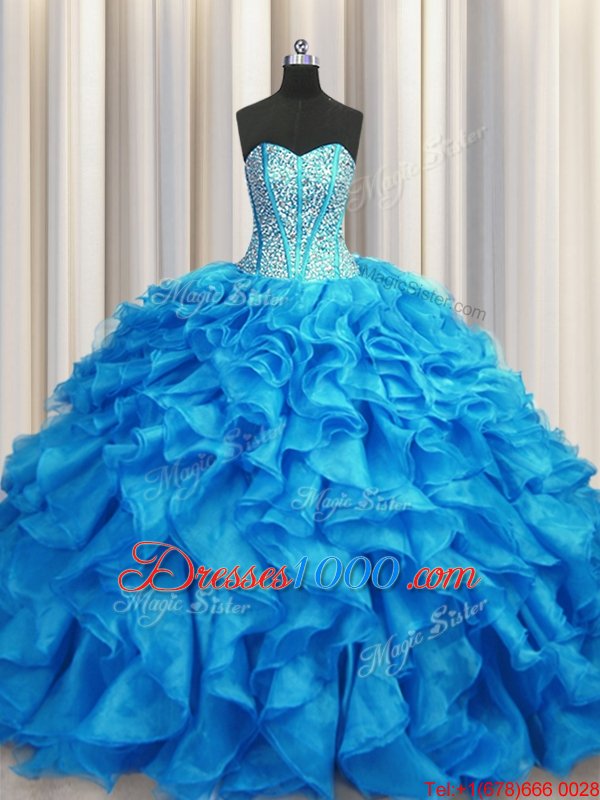 Visible Boning Baby Blue Ball Gowns Beading and Ruffles Sweet 16 Quinceanera Dress Lace Up Organza Sleeveless