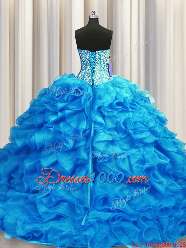 Visible Boning Baby Blue Ball Gowns Beading and Ruffles Sweet 16 Quinceanera Dress Lace Up Organza Sleeveless