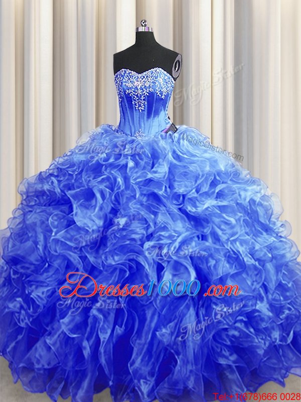 Royal Blue Lace Up Quince Ball Gowns Beading and Ruffles Sleeveless Sweep Train