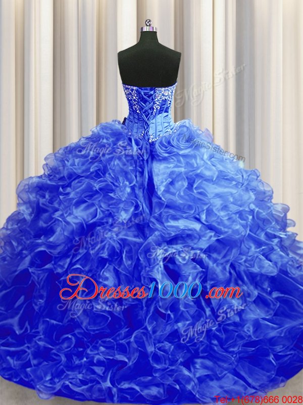 Royal Blue Lace Up Quince Ball Gowns Beading and Ruffles Sleeveless Sweep Train
