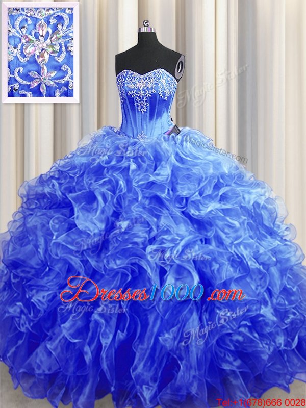 Royal Blue Lace Up Quince Ball Gowns Beading and Ruffles Sleeveless Sweep Train