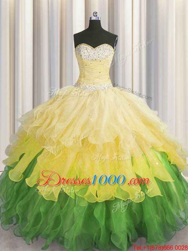 Shining Beading and Ruffles and Ruffled Layers and Sequins Quinceanera Gowns Multi-color Lace Up Sleeveless Floor Length
