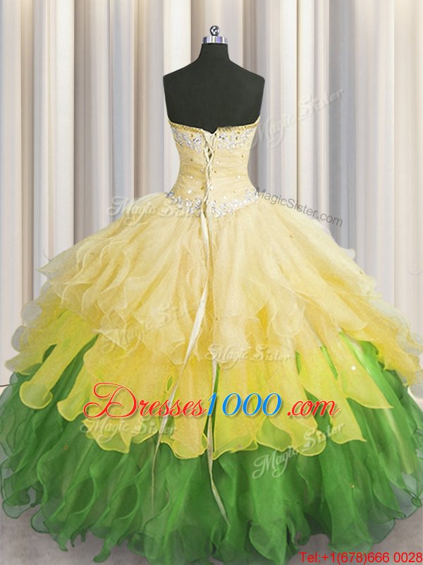 Shining Beading and Ruffles and Ruffled Layers and Sequins Quinceanera Gowns Multi-color Lace Up Sleeveless Floor Length