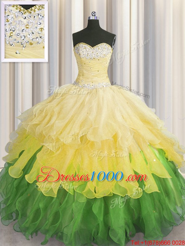 Shining Beading and Ruffles and Ruffled Layers and Sequins Quinceanera Gowns Multi-color Lace Up Sleeveless Floor Length