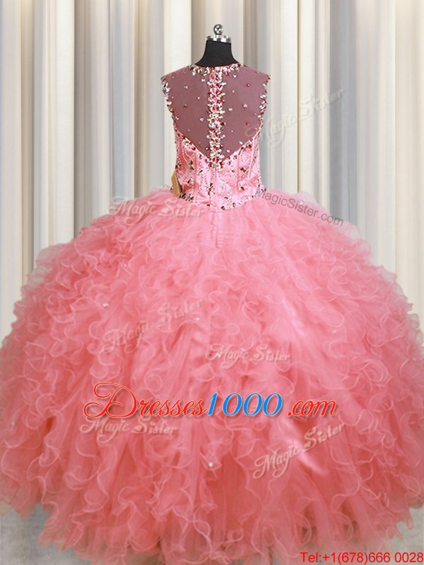 See Through Zipper Up Pink Organza Zipper Vestidos de Quinceanera Sleeveless Floor Length Beading and Ruffles