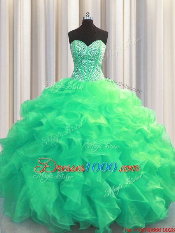 High Quality Visible Boning Turquoise Lace Up Sweetheart Beading and Ruffles 15 Quinceanera Dress Organza Sleeveless