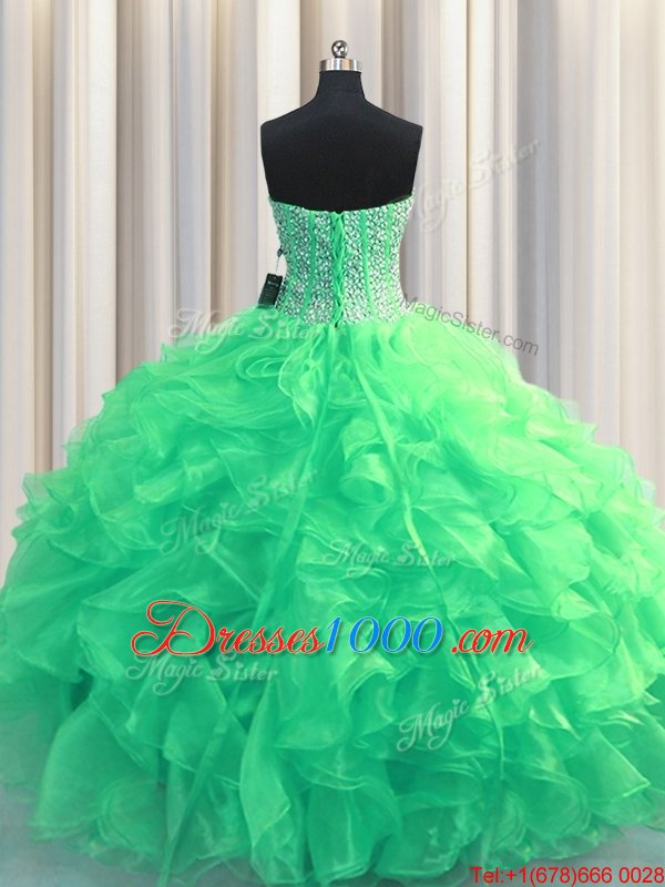 High Quality Visible Boning Turquoise Lace Up Sweetheart Beading and Ruffles 15 Quinceanera Dress Organza Sleeveless