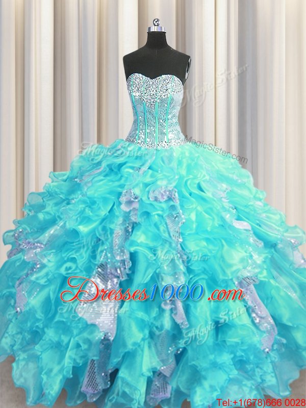 Visible Boning Sleeveless Organza and Sequined Floor Length Lace Up Quinceanera Dresses in Aqua Blue for with Beading and Ruffles and Sequins