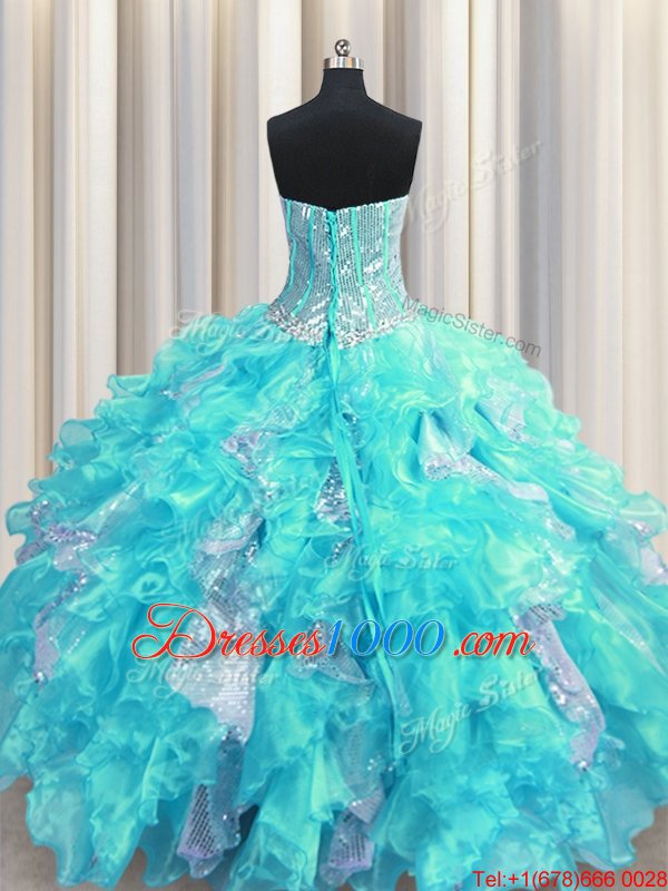 Visible Boning Sleeveless Organza and Sequined Floor Length Lace Up Quinceanera Dresses in Aqua Blue for with Beading and Ruffles and Sequins