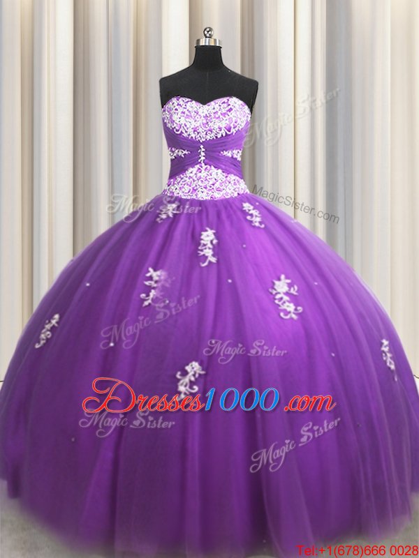 Stunning Floor Length Lace Up Quinceanera Gown Purple and In for Military Ball and Sweet 16 and Quinceanera with Beading and Appliques