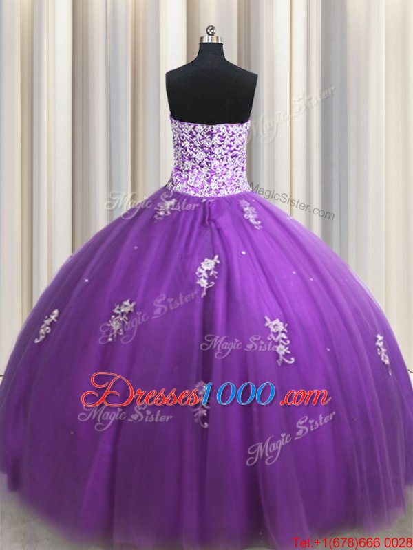 Stunning Floor Length Lace Up Quinceanera Gown Purple and In for Military Ball and Sweet 16 and Quinceanera with Beading and Appliques
