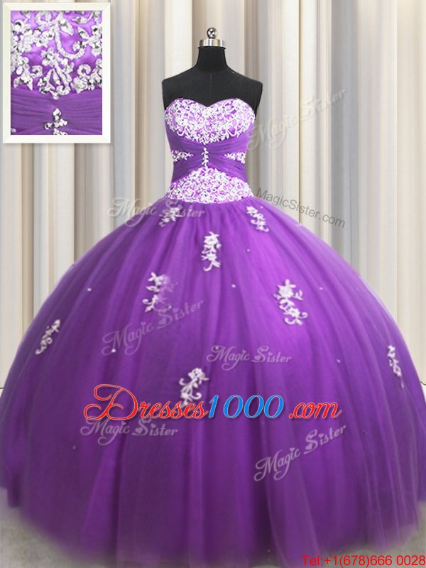Stunning Floor Length Lace Up Quinceanera Gown Purple and In for Military Ball and Sweet 16 and Quinceanera with Beading and Appliques