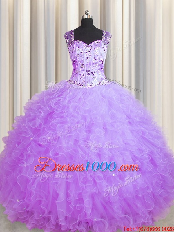 Dramatic See Through Zipper Up Sleeveless Zipper Floor Length Beading and Ruffles Sweet 16 Dresses