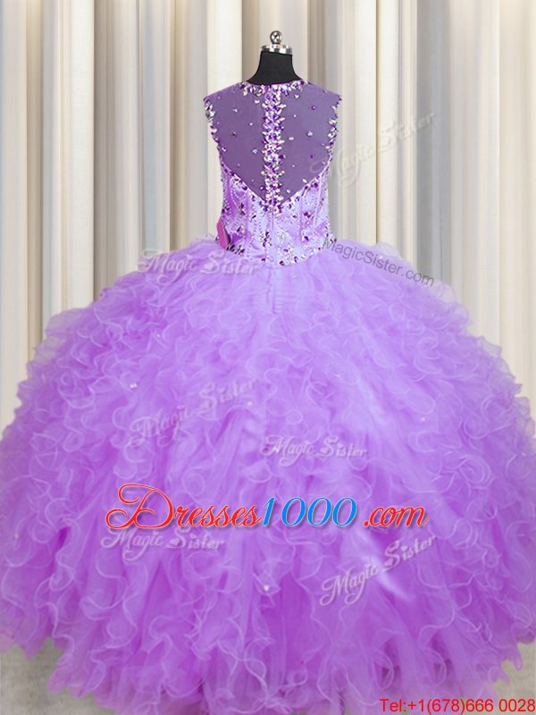 Dramatic See Through Zipper Up Sleeveless Zipper Floor Length Beading and Ruffles Sweet 16 Dresses