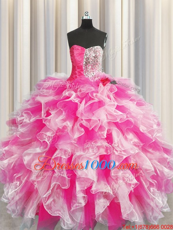 Superior Floor Length Ball Gowns Sleeveless Pink And White Quinceanera Dresses Lace Up
