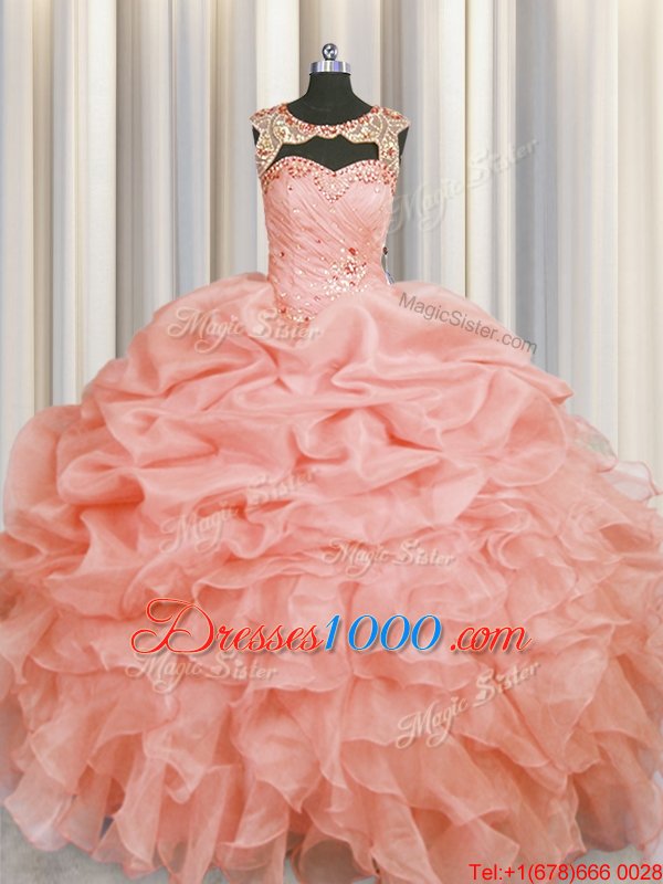 New Style Scoop Baby Pink Sleeveless Beading and Pick Ups Floor Length Quinceanera Dresses