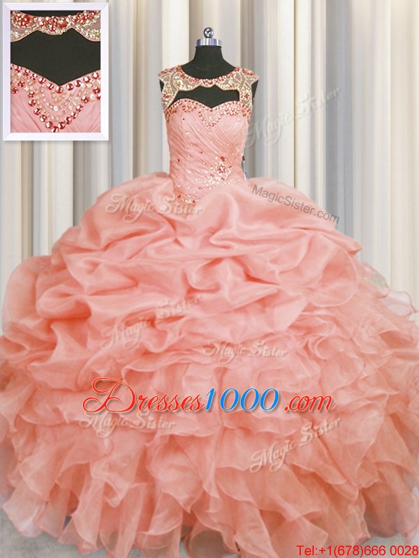 New Style Scoop Baby Pink Sleeveless Beading and Pick Ups Floor Length Quinceanera Dresses