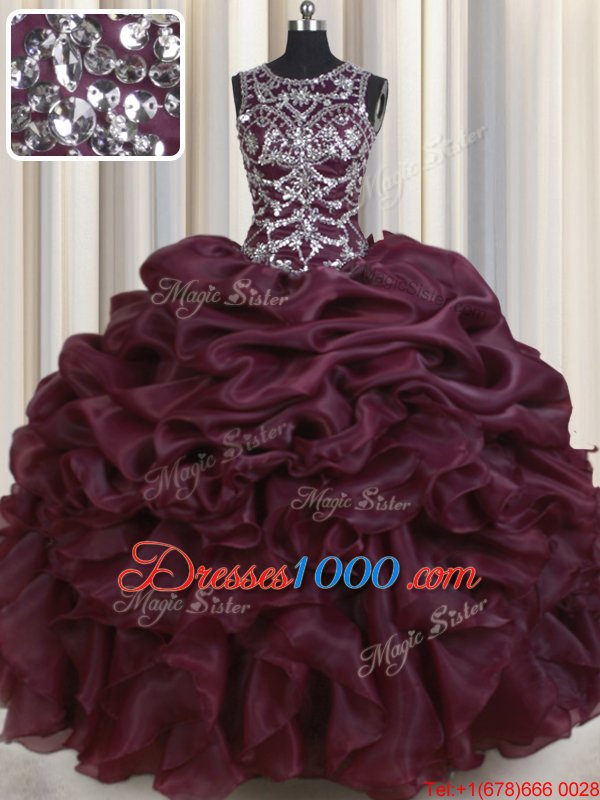 See Through Burgundy Scoop Neckline Beading and Pick Ups Quinceanera Dresses Sleeveless Lace Up