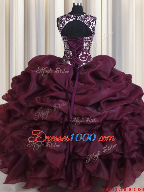 See Through Burgundy Scoop Neckline Beading and Pick Ups Quinceanera Dresses Sleeveless Lace Up