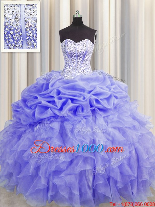 Custom Made Visible Boning Sweetheart Sleeveless Sweet 16 Dresses Floor Length Beading and Ruffles and Pick Ups Lavender Organza