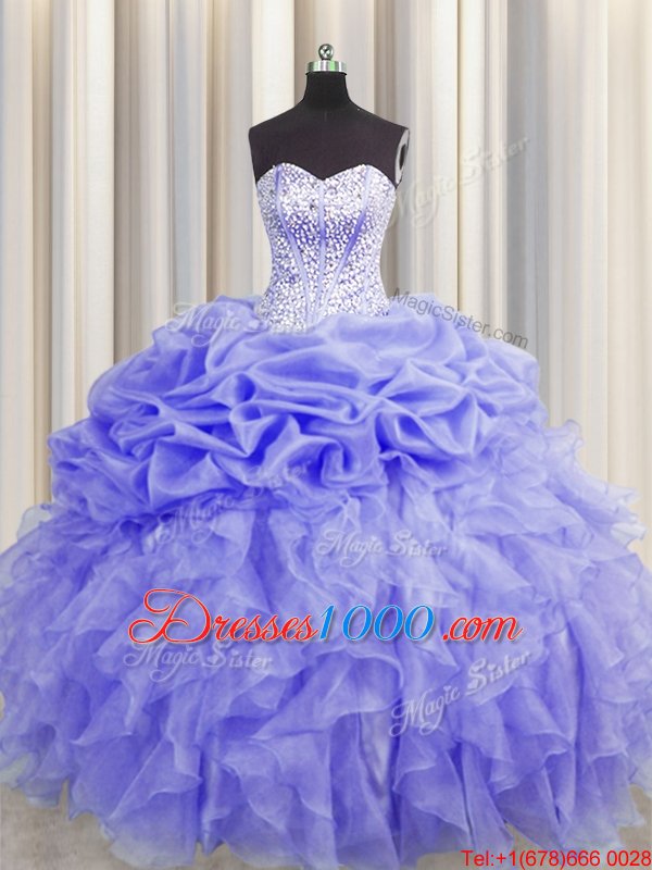Custom Made Visible Boning Sweetheart Sleeveless Sweet 16 Dresses Floor Length Beading and Ruffles and Pick Ups Lavender Organza