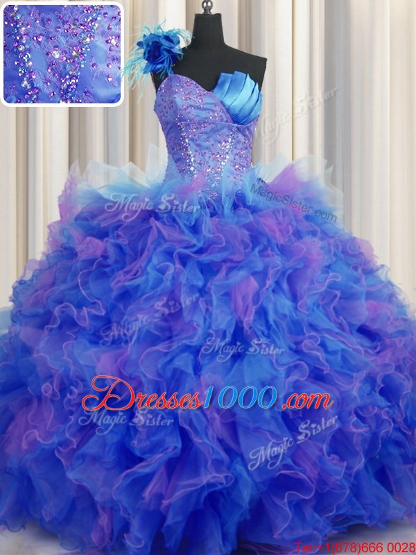 Elegant Handcrafted Flower One Shoulder Sleeveless Sweet 16 Quinceanera Dress Floor Length Beading and Ruffles and Hand Made Flower Multi-color Tulle