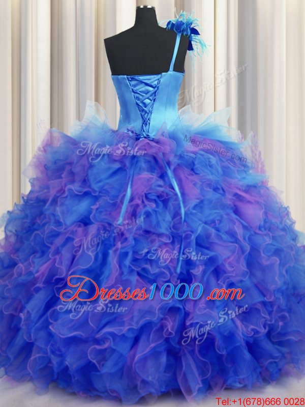 Elegant Handcrafted Flower One Shoulder Sleeveless Sweet 16 Quinceanera Dress Floor Length Beading and Ruffles and Hand Made Flower Multi-color Tulle