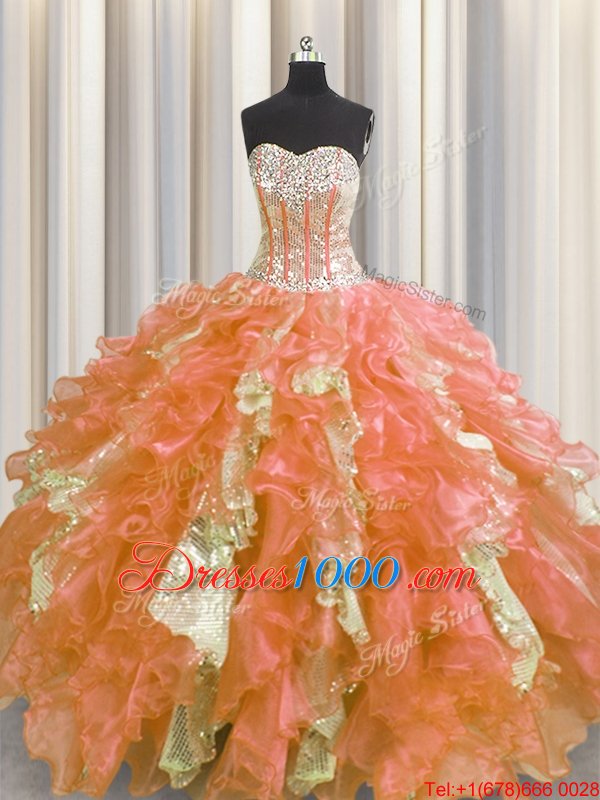 Hot Selling Visible Boning Multi-color Sweetheart Neckline Beading and Ruffles and Sequins Quince Ball Gowns Sleeveless Lace Up