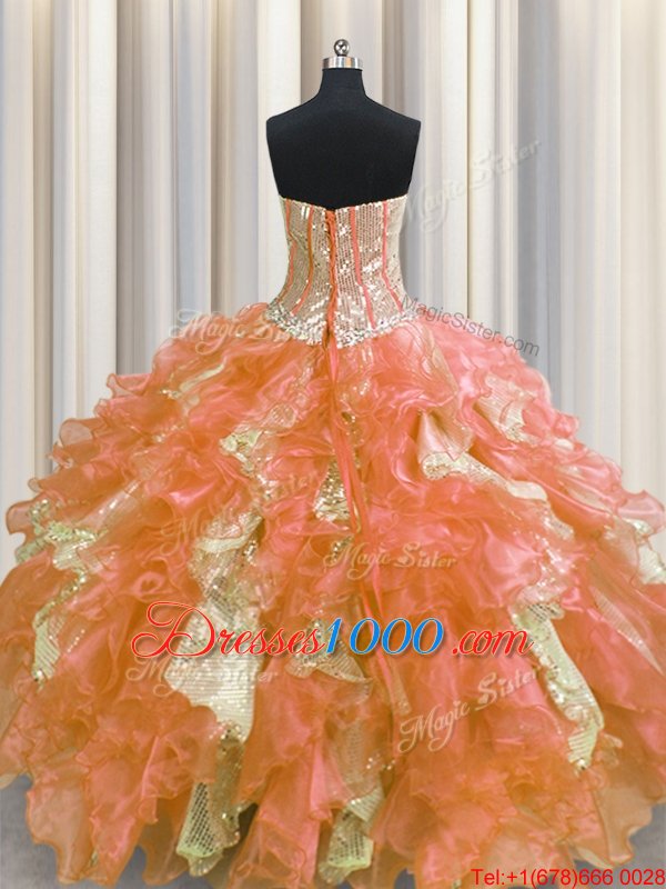 Hot Selling Visible Boning Multi-color Sweetheart Neckline Beading and Ruffles and Sequins Quince Ball Gowns Sleeveless Lace Up