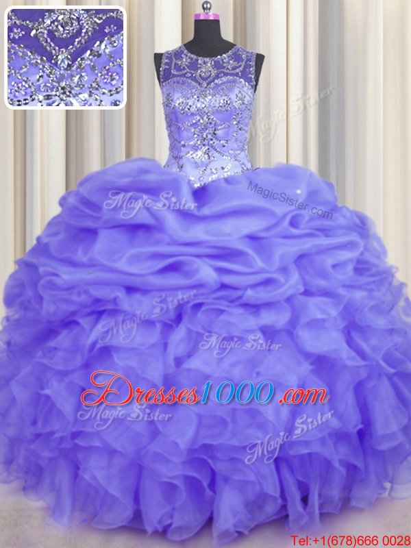 Sumptuous See Through Lavender Scoop Neckline Beading and Ruffles and Pick Ups Quinceanera Gown Sleeveless Lace Up