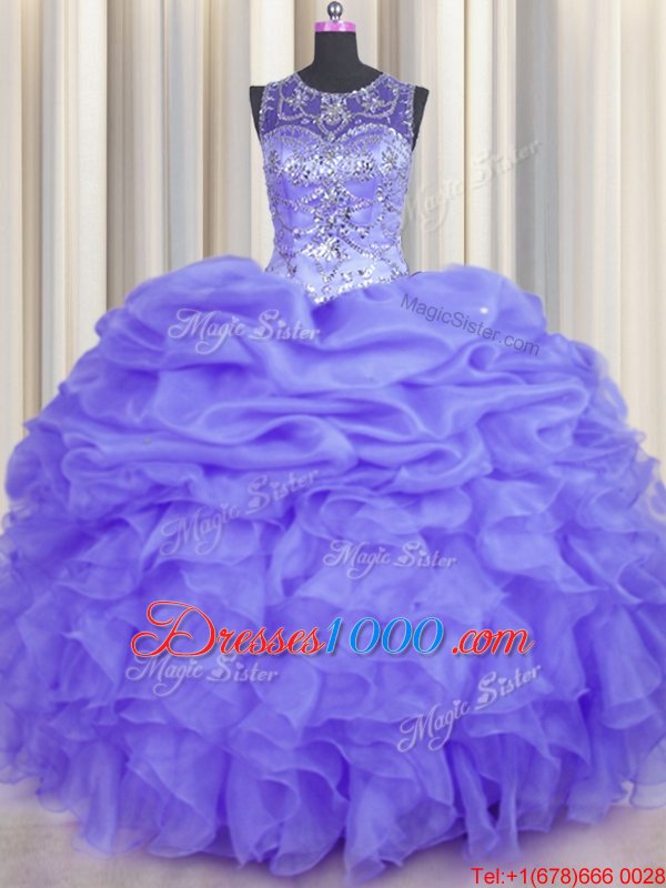Sumptuous See Through Lavender Scoop Neckline Beading and Ruffles and Pick Ups Quinceanera Gown Sleeveless Lace Up