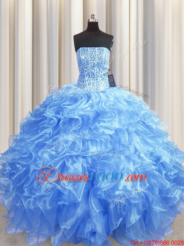 Visible Boning Baby Blue Ball Gowns Beading and Ruffles Sweet 16 Quinceanera Dress Lace Up Organza Sleeveless Floor Length