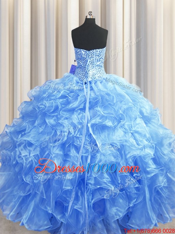 Visible Boning Baby Blue Ball Gowns Beading and Ruffles Sweet 16 Quinceanera Dress Lace Up Organza Sleeveless Floor Length