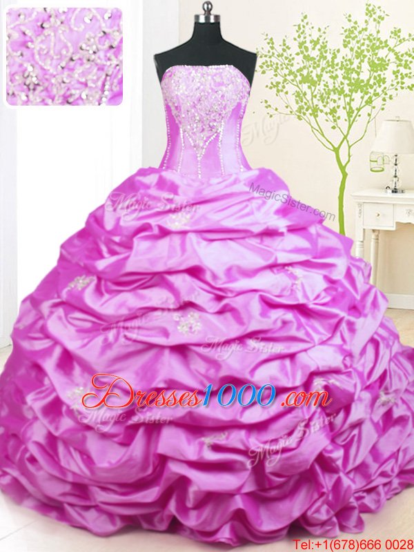 Lilac Ball Gowns Strapless Sleeveless Taffeta With Train Sweep Train Lace Up Beading and Pick Ups Quinceanera Dresses