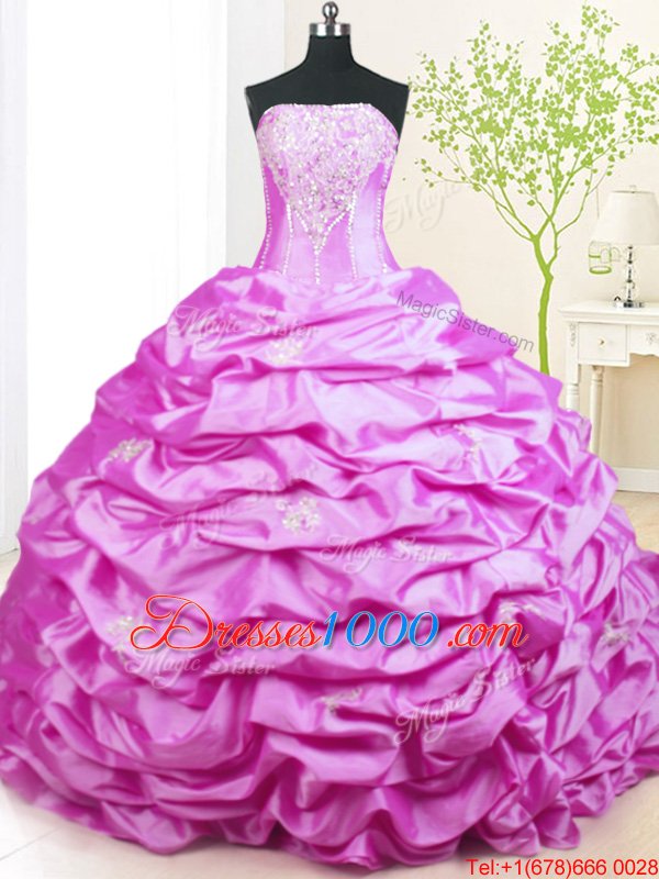 Lilac Ball Gowns Strapless Sleeveless Taffeta With Train Sweep Train Lace Up Beading and Pick Ups Quinceanera Dresses