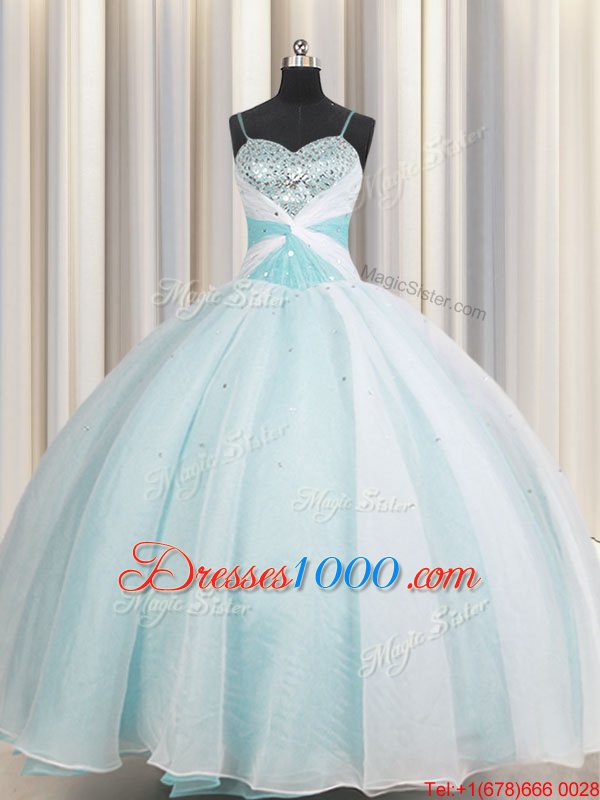 Inexpensive Spaghetti Straps Aqua Blue Ball Gowns Beading and Ruching Vestidos de Quinceanera Lace Up Organza Sleeveless Floor Length