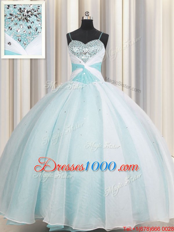 Inexpensive Spaghetti Straps Aqua Blue Ball Gowns Beading and Ruching Vestidos de Quinceanera Lace Up Organza Sleeveless Floor Length
