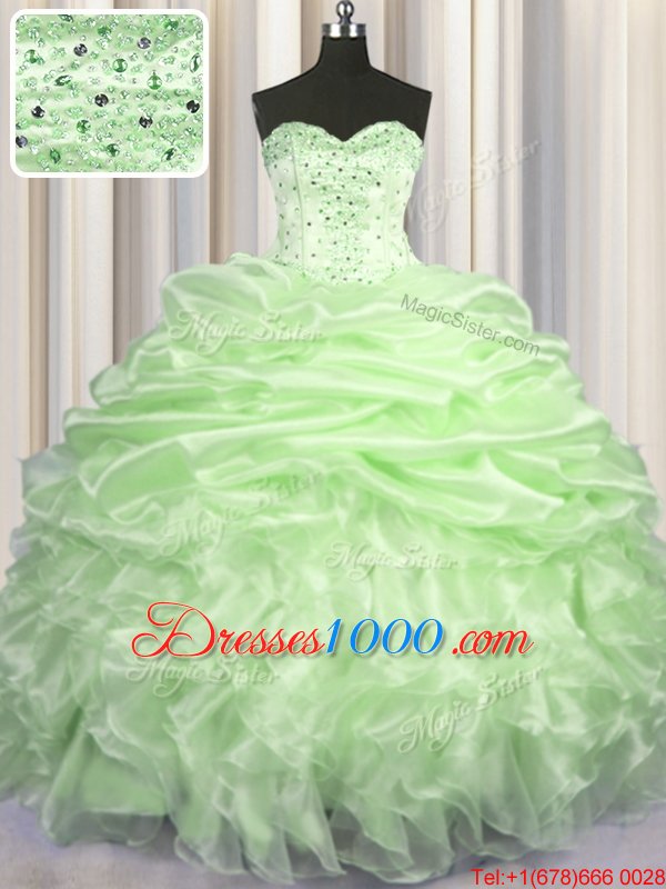 Pick Ups Yellow Green Sleeveless Organza Brush Train Lace Up Sweet 16 Dress for Military Ball and Sweet 16 and Quinceanera