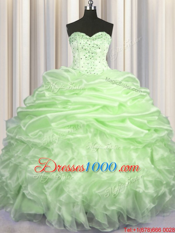 Pick Ups Yellow Green Sleeveless Organza Brush Train Lace Up Sweet 16 Dress for Military Ball and Sweet 16 and Quinceanera