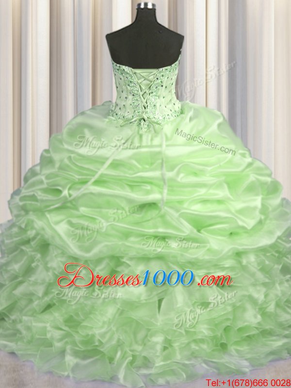 Pick Ups Yellow Green Sleeveless Organza Brush Train Lace Up Sweet 16 Dress for Military Ball and Sweet 16 and Quinceanera