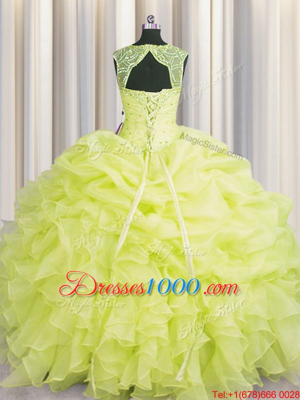 Dramatic Yellow Organza Lace Up Scoop Sleeveless Floor Length Ball Gown Prom Dress Beading and Pick Ups