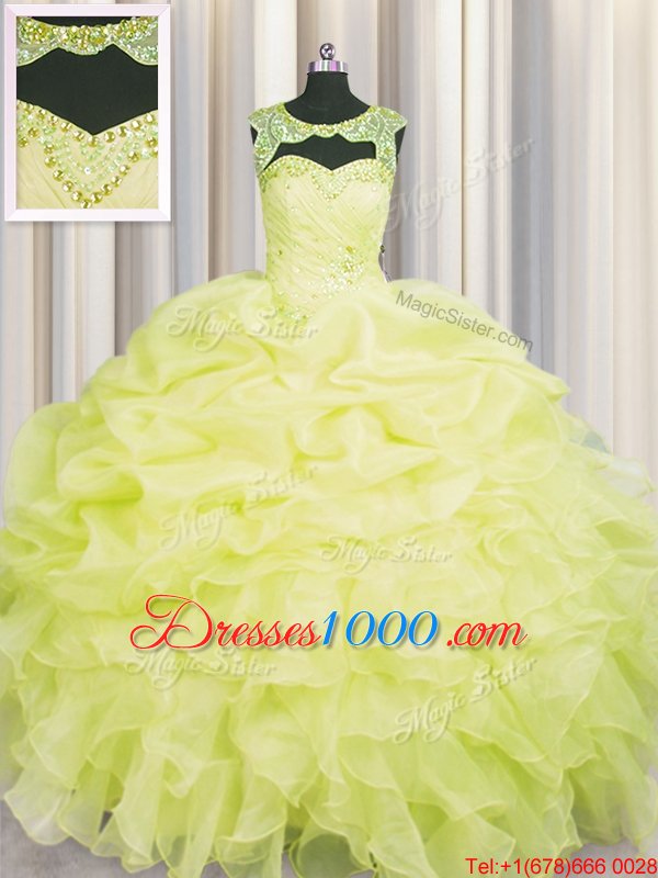 Dramatic Yellow Organza Lace Up Scoop Sleeveless Floor Length Ball Gown Prom Dress Beading and Pick Ups