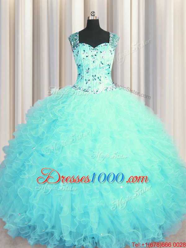 Custom Made See Through Zipper Up Aqua Blue Sleeveless Beading and Ruffles Floor Length Quinceanera Dresses